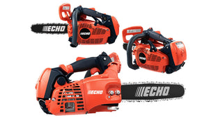 Front Back and Side View of Orange Echo Chainsaw