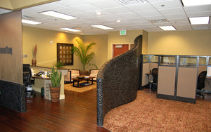 Modern Office with Curved Black River Rock Wall